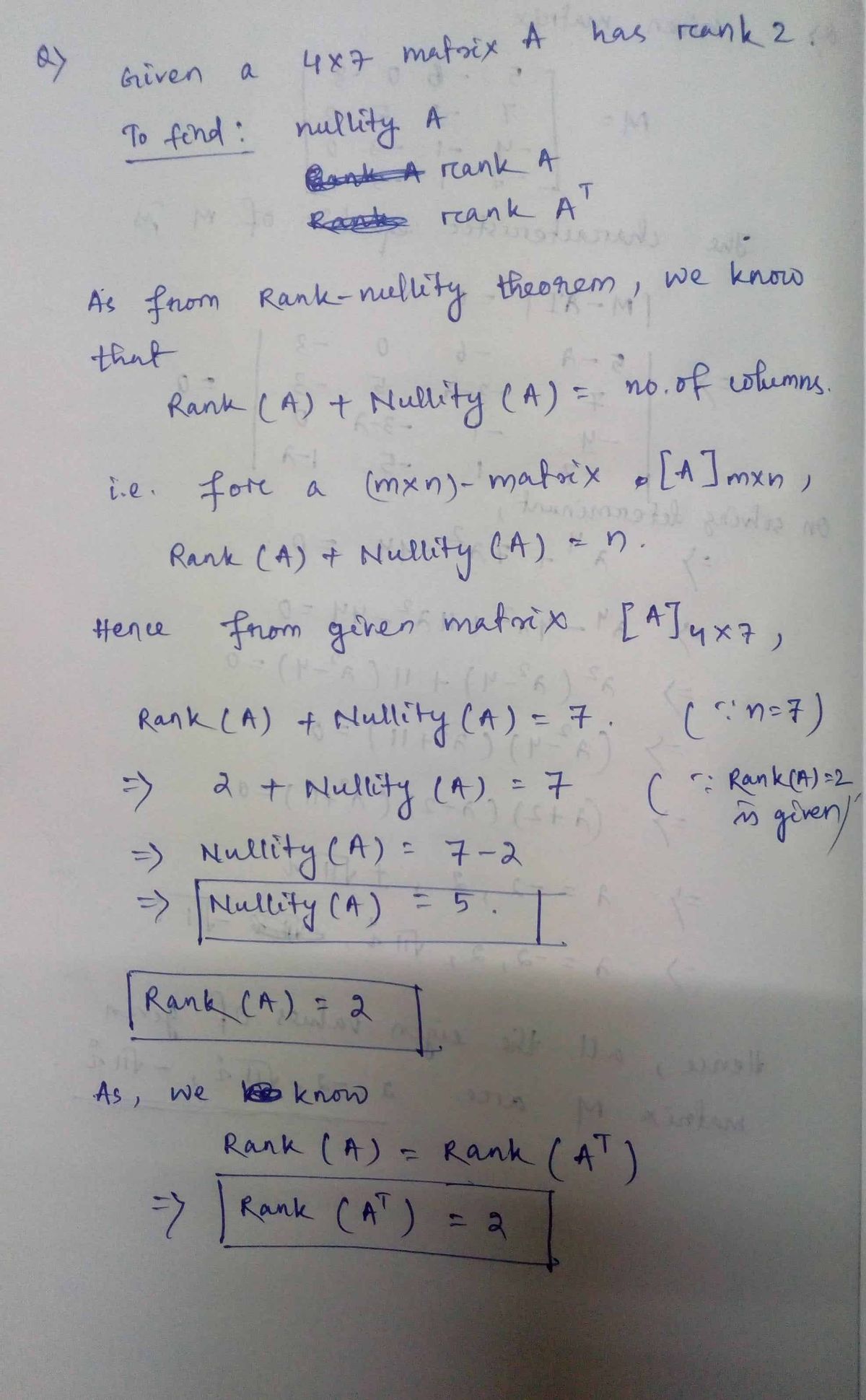 Answered If a 4x7 matrix A has rank 2 find bartleby